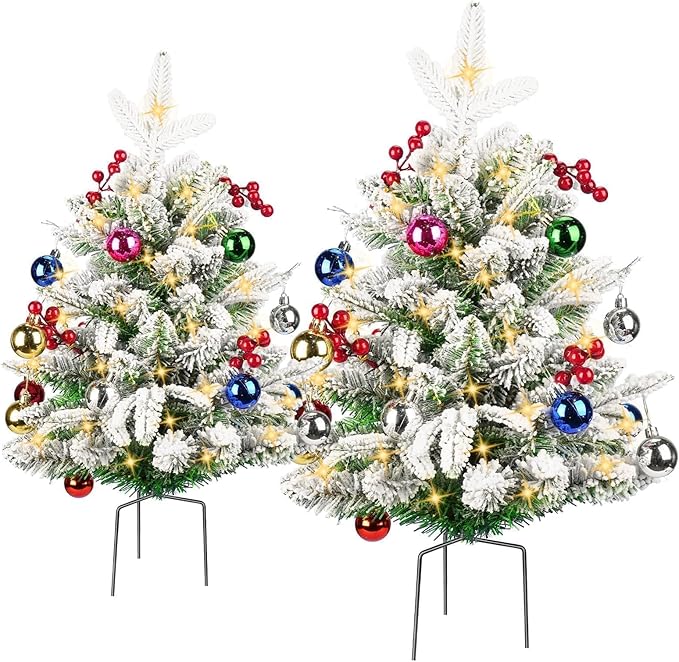24'' Mini Artificial Christmas Tree with LED Lights and Faux Berrys, Pre-Lit Snow Flocked Xmas White Trees, Christmas Porch Decorations Small Fake Trees for Outdoor, Home, Porch & Yard - Set of 2