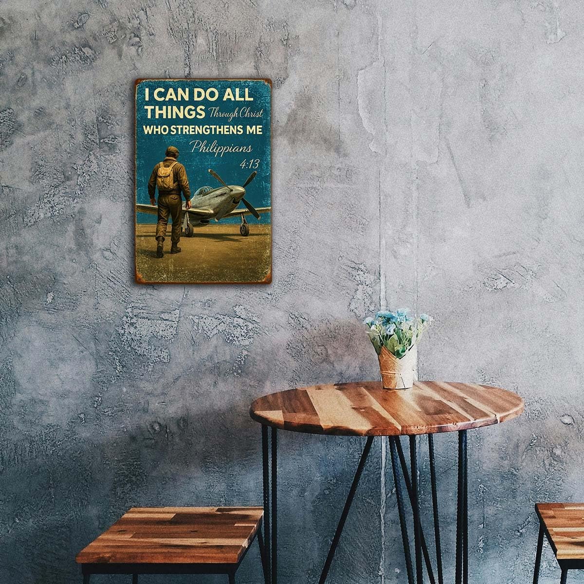 Inspirational Vintage Airplane Wall Decor – “I Can Do All Things Through Christ” Retro Tin Sign for Boys Room, Aviation Lovers, or Man Cave – 8x12 Inch Christian Metal Wall Art