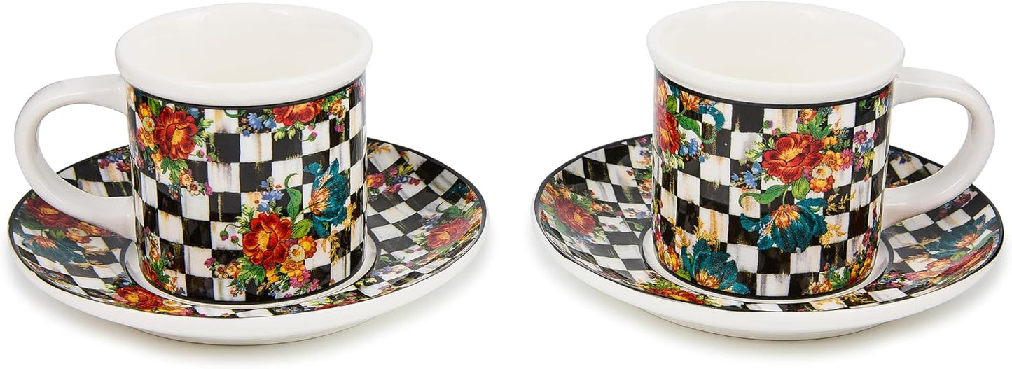 MACKENZIE-CHILDS Set of 2 Stoneware Espresso Cup and Saucer, Cute Coffee Cups, Courtly Flower Market