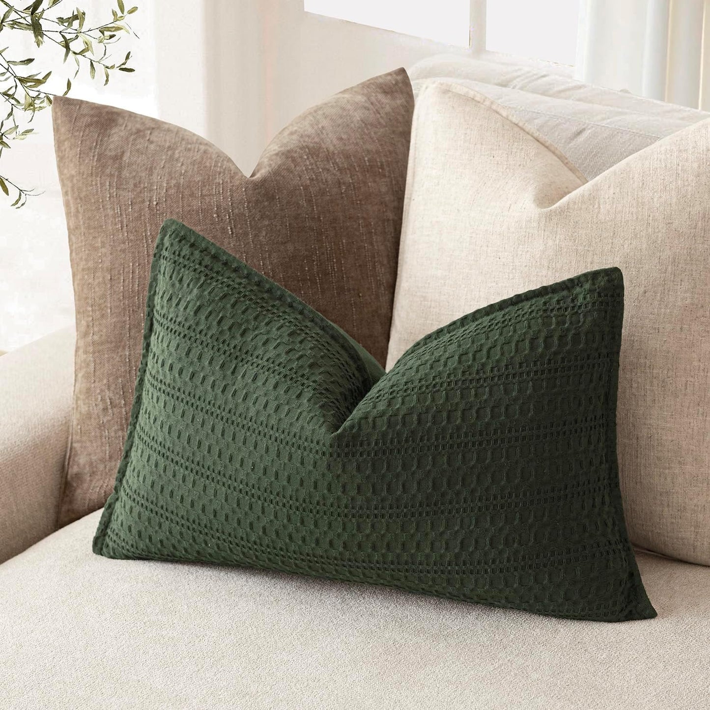 Foindtower Set of 2 Decorative Cotton Waffle Weave Lumbar Throw Pillow Covers Euro Shams Cushion Covers Accent European Pillowcase for Bed Couch Bedroom Living Room Home Decor 12×20 Inch Dark Green