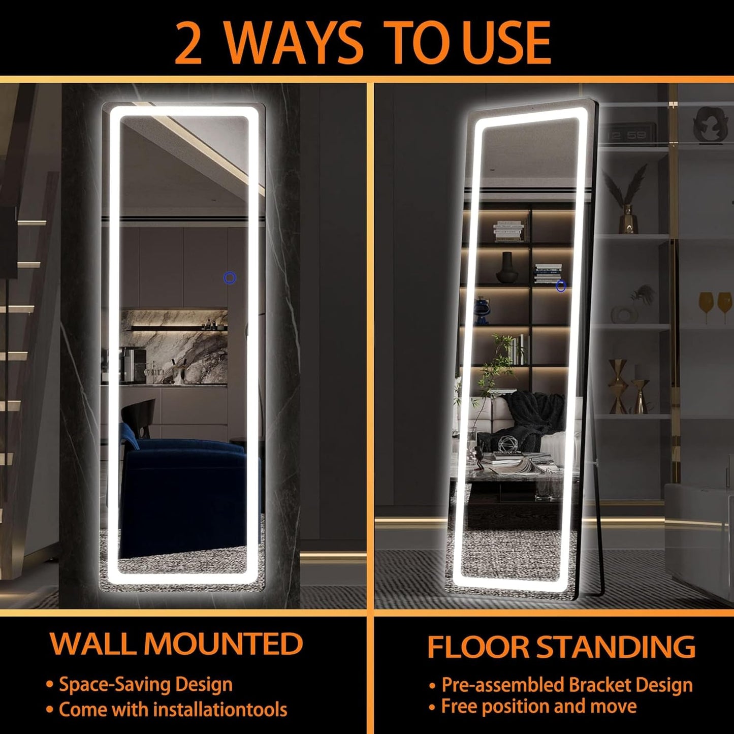 Hasipu Full Length Mirror with Lights, 56" x 16" LED Floor & Wall Mounted, Full Body Dressing Mirror for Bedroom, Living Room, Cloakroom – Round Black