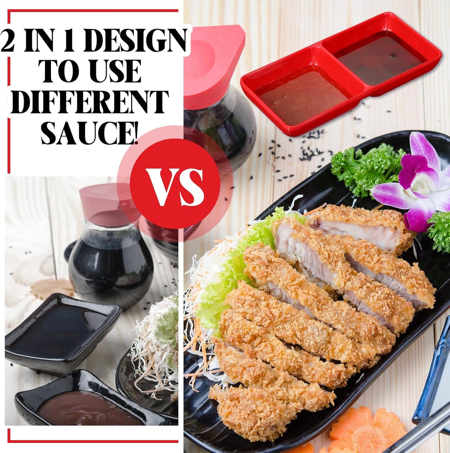 Gejoy 12 Pcs Dual Dipping Sauce Bowls Soy Sauce Dish Bowls Two Compartments Party Trays Divided Fondue Plates for Restaurant Kitchen Sushi Soy (Red)