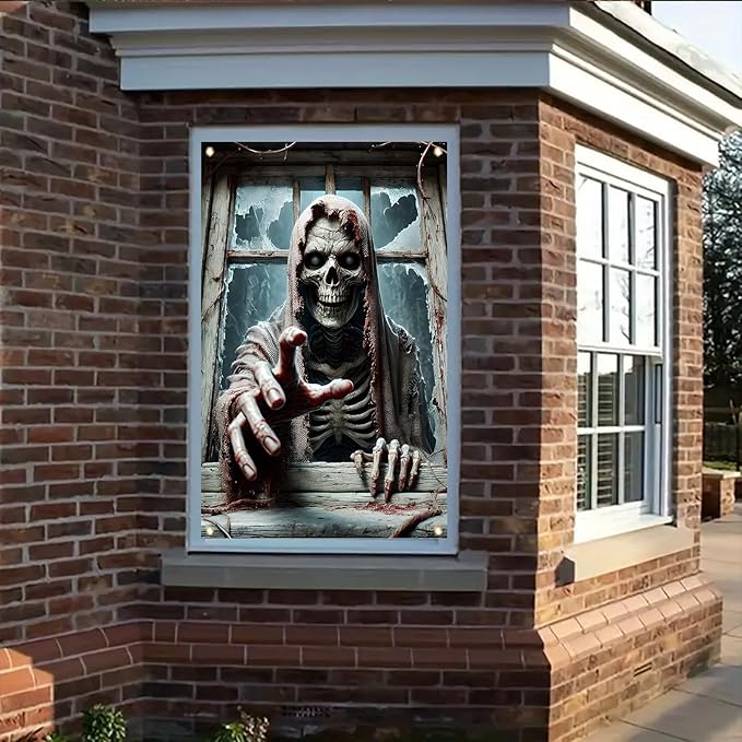 Window Cover Halloween 47x31 Inch Scary Skeleton Grim Reaper Banner Creepy Horror Window Decoration for Haunted House Outdoor Indoor Poster Trick or Treat Decor