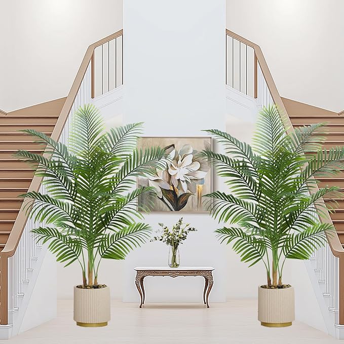 2 Pack Artificial Palm Tree Indoor Plant 6FT Tall Fake Tropical Palm Tree in Pot, Real Bark Design Faux Areca Palm Tree for Home Office Living Room Bedroom Farmhouse Modern Outdoor Topiary Tree