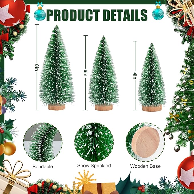 12 Pcs Mini Christmas Tree, Tabletop Christmas Tree with Wooden Bases Artificial Mini Trees with 3 Sizes Christmas Table Decor Bottle Brush Trees for Christmas Decorations (Green Snow)