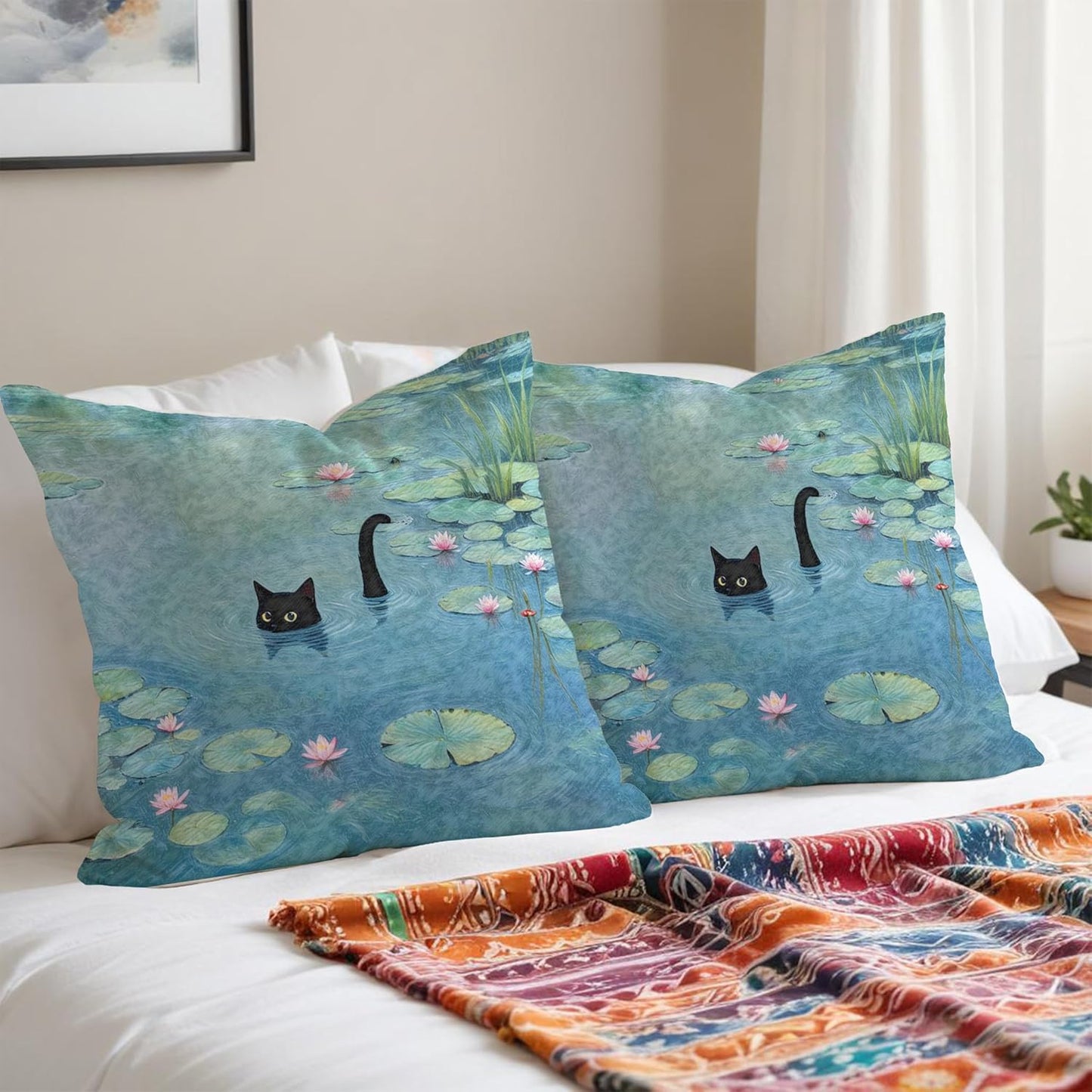 Black Cat Art Painting Throw Pillow Covers 18x18, Aesthetic Black Cat Decor Pillow Covers, Vintage Cats Decor for Room Bedroom, Cats Lovers Lady Mom Grandma Gifts