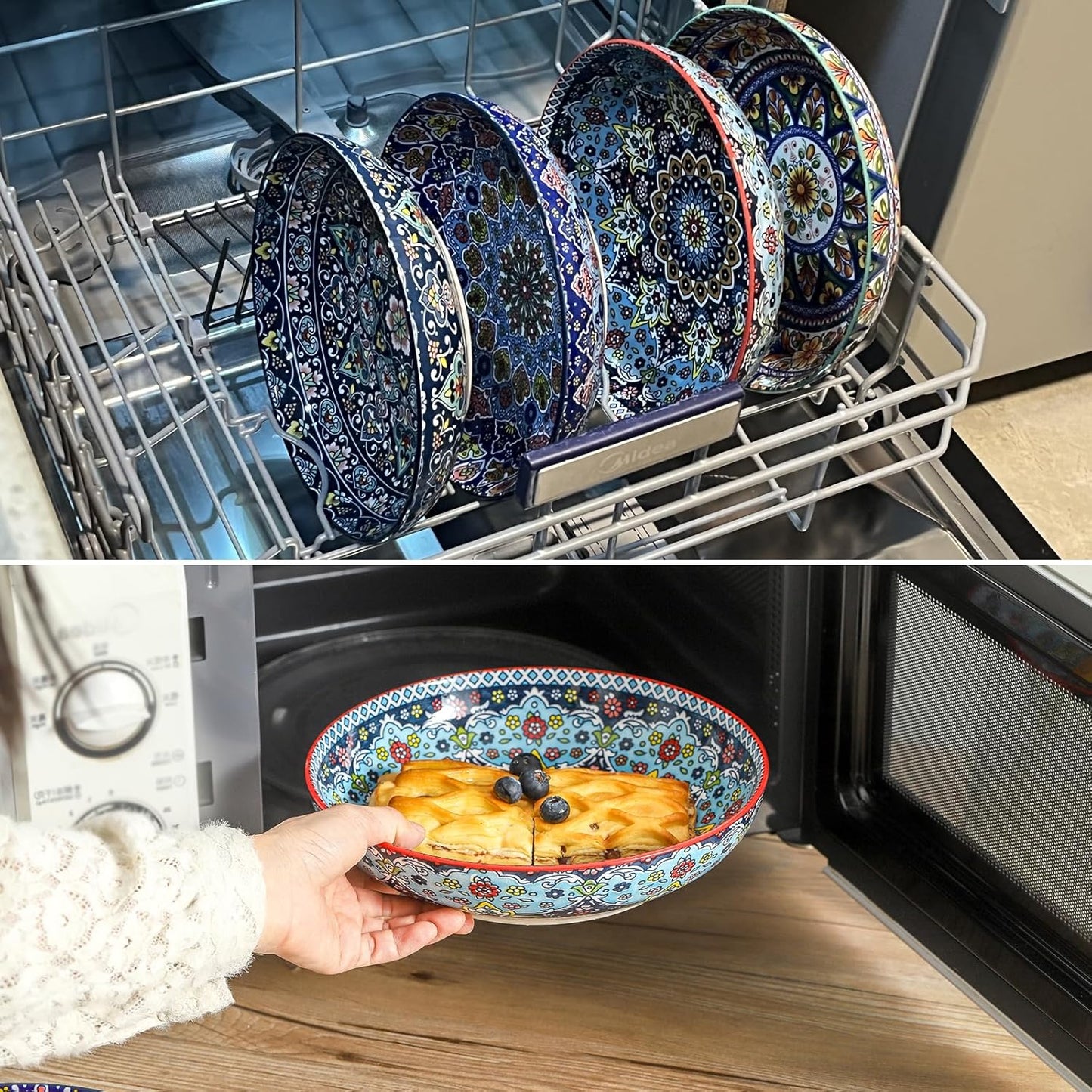 glowworm Pasta Bowls Set of 4, 42 oz Ceramic Salad Bowls for Kitchen, Large Serving Bowls for Ramen, Fruit, Housewarming Gift, Dishwasher & Microwave Safe, Bohemian