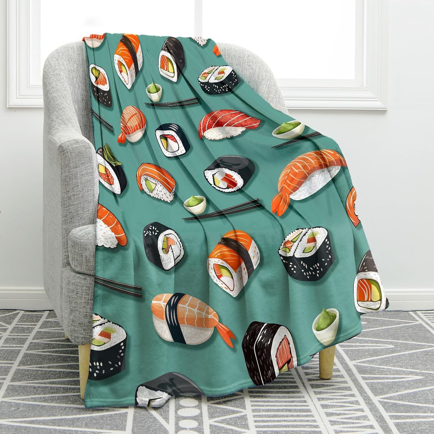 Jekeno Sushi Food Blanket Gifts for Women Kids Girls Boys Mom Wife Men Birthday Christmas Halloween Easter Presents Home Bedroom Living Room Bed Sofa Decor Plush Throw 50"x60"