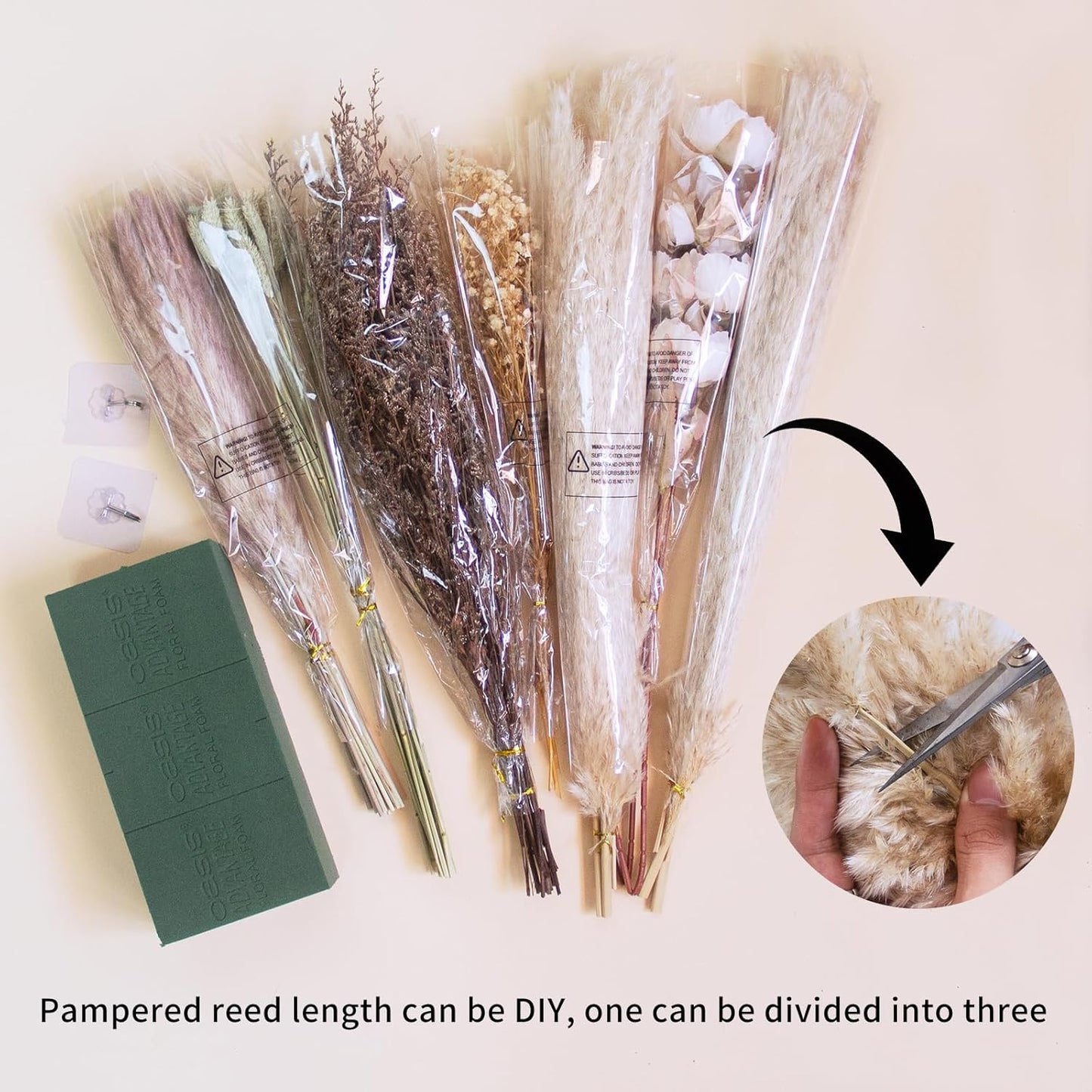 Dried Flowers Boho Decor Kit - Natural Pampas Grass, Bunny Tails & Baby’s Breath for Vase, Wedding Decor, Farmhouse & Bathroom Decor