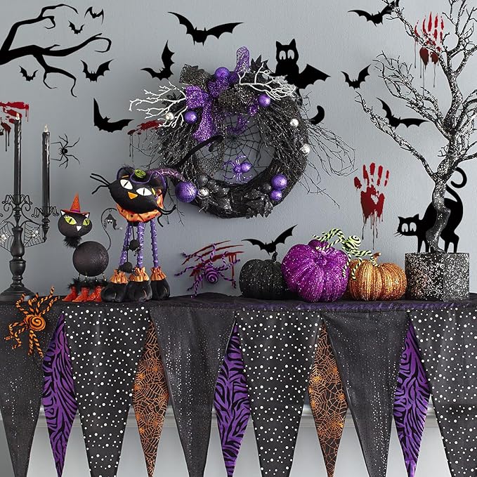HLNIUC Gothic Style Halloween Wall Decal 45PCS Halloween Bloody Handprint Footprint Scary Indoor Decoration Horrible Bat Cat Halloween Window Clings Happy Halloween Room Wall Stickers for Kid Bedroom