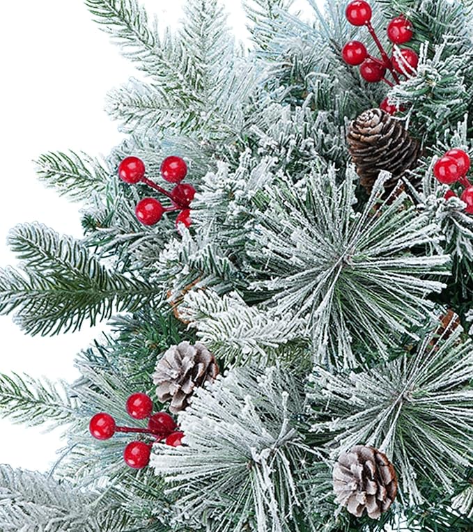 24'' Small Pre-lit Christmas Trees Outdoor Flocked Artificial Christmas Trees with LED Lights Berrys Pinecone Christmas Urn Filler Mini Xmas Tree for Porch & Yard - Set of 2