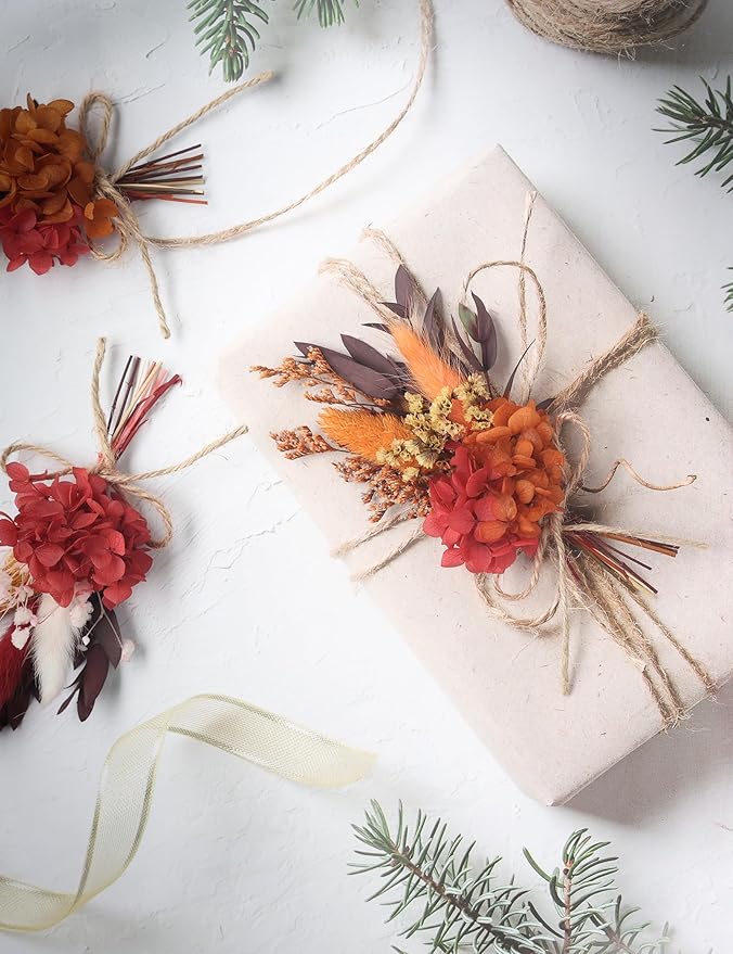 xin's convey Mini Dried Flower Bouquet Set (12 pcs), Birthday Party Decorations, Party Plate Decorations, Gift Bag Dried Flowers, Wax Sealed Dried Flowers. (Burgundy)