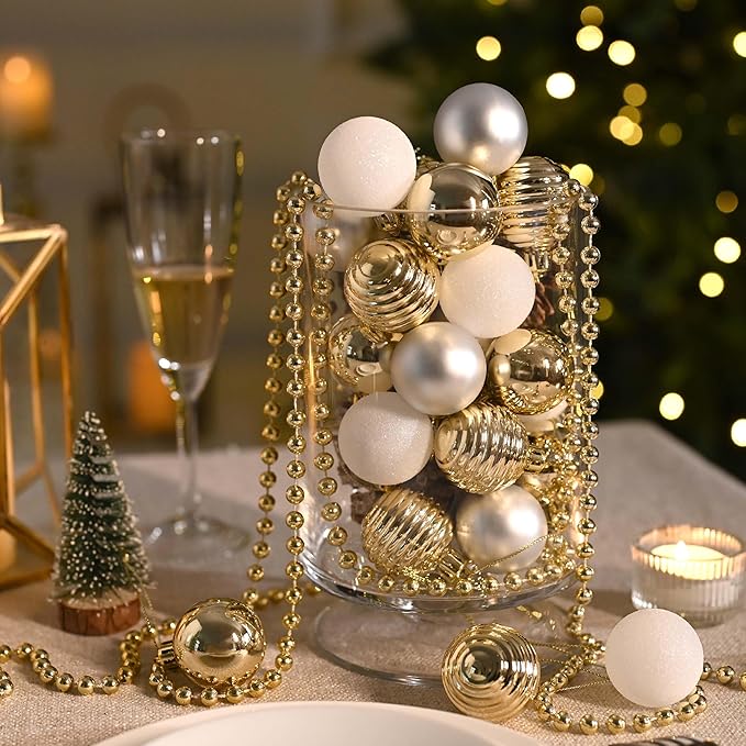 Valery Madelyn 1.57 Inches Small Christmas Tree Decorations Ornament Set for Fall Halloween, 24ct White and Gold Shatterproof Hanging Ball Ornaments Holiday Party Decor