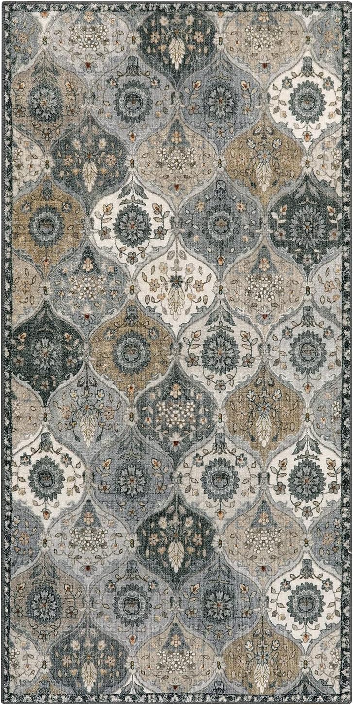 Lahome Moroccan Trellis Small Area Rug, 2x4 Rugs for Entryway Non-Slip Vintage Ultra-Thin Washable Indoor Door Mat Distressed Throw Carpet for Bathroom Kitchen Bedroom, Grey