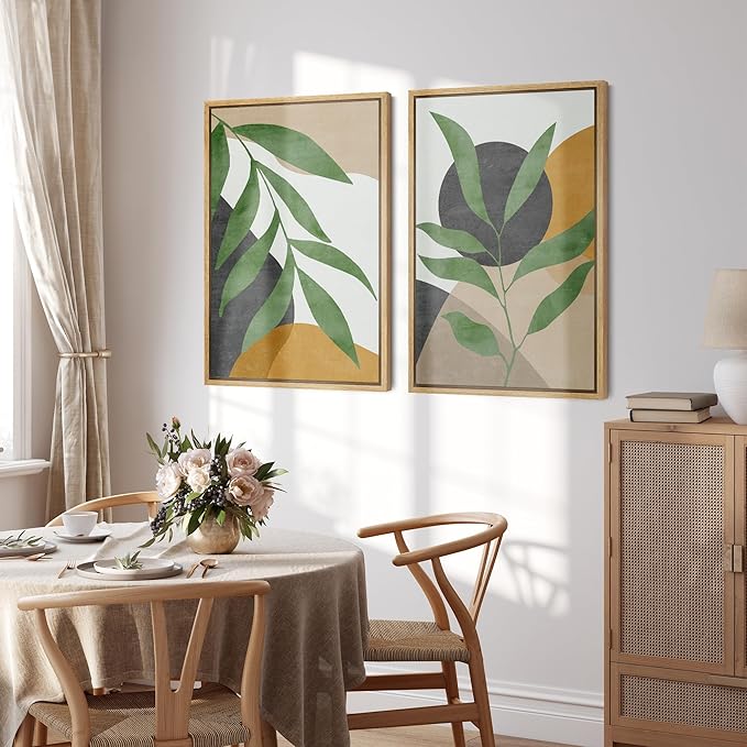 SIGNFORD Framed Canvas Print Wall Art Set Geometric Mid-Century Plant Collage Abstract Shapes Illustration Modern Art Decorative Nordic Nature for Living Room, Bedroom, Office - 16"x24"x2 Natural