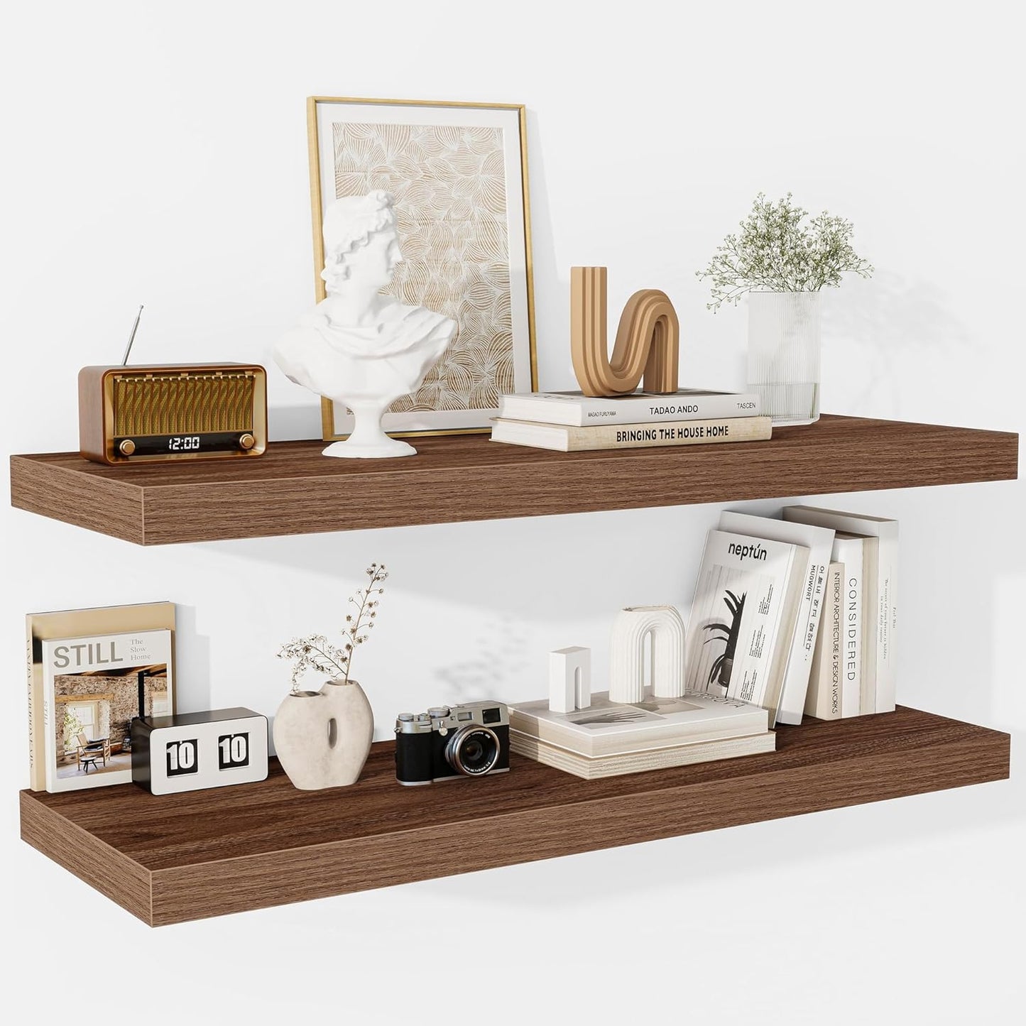 Fun Memories Floating Shelves - 2 Pack 12 Inch Deep Rustic Wooden Wall Shelves - Extra Deeper & Thicker Wall Mounted Storage Shelf for Living Room, Kitchen, Farmhouse - 36" W x 12" D x 1.5" H - Walnut