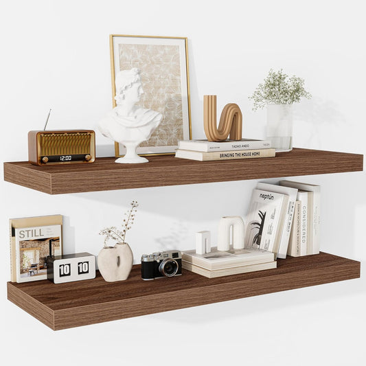 Fun Memories Floating Shelves - 2 Pack 12 Inch Deep Rustic Wooden Wall Shelves - Extra Deeper & Thicker Wall Mounted Storage Shelf for Living Room, Kitchen, Farmhouse - 36" W x 12" D x 1.5" H - Walnut