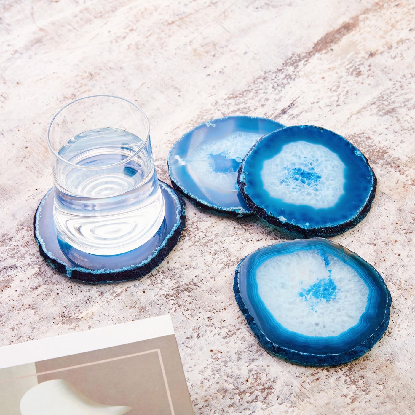 Luxury Lane Set of 4 Large Natural Brazilian Agate Slice Geode Rock Stone Drink Coasters with Wood Holder 4.3-4.7 inch Centerpiece Table Decoration, Ocean Blue