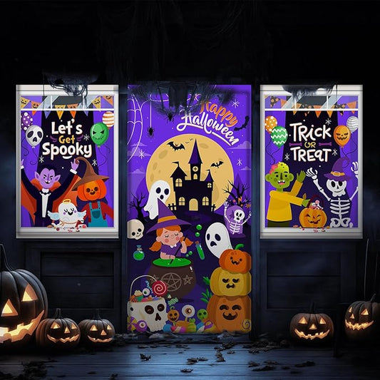 Tioncy 3 Pcs Halloween Window Door Covers Decorations Set Halloween Window Curtains Let's Get Spooky Trick or Treat Skull Pumpkin Ghost Castle Pattern Banner Porch Indoor Outdoor Decoration