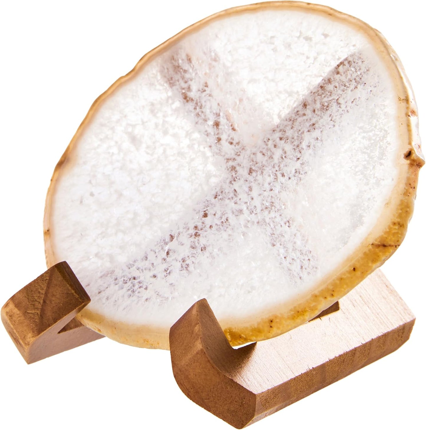 Luxury Lane Large Natural Brazilian Agate Slice Geode Rock Stone Drink Coaster with Wood Holder 4.7-5.5 inch Centerpiece Table Decoration, White