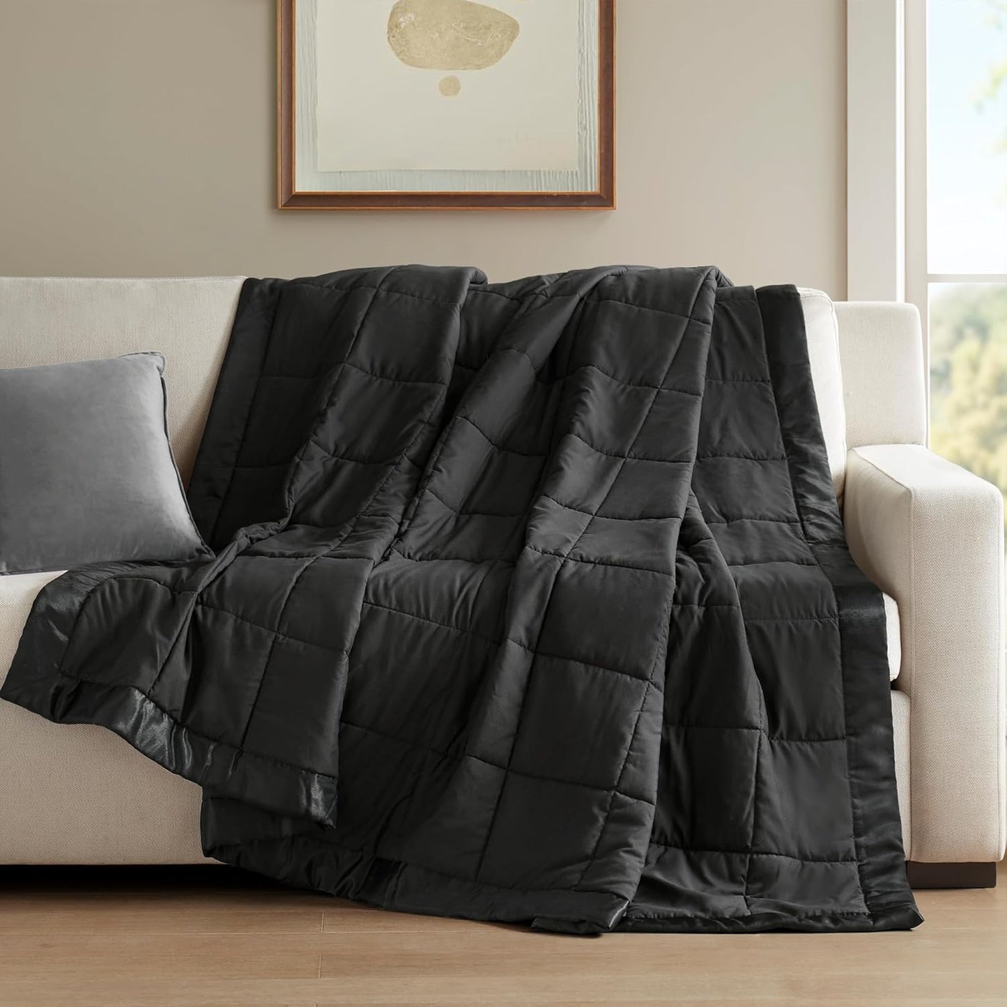 Madison Park Queen Size Blanket Ultra-Soft Microfiber Queen Size, Box Quilting with Satin Binding, All Season & Lightweight Queen Summer Blanket for Bed, Couch & Sofa, Full/Queen, Black