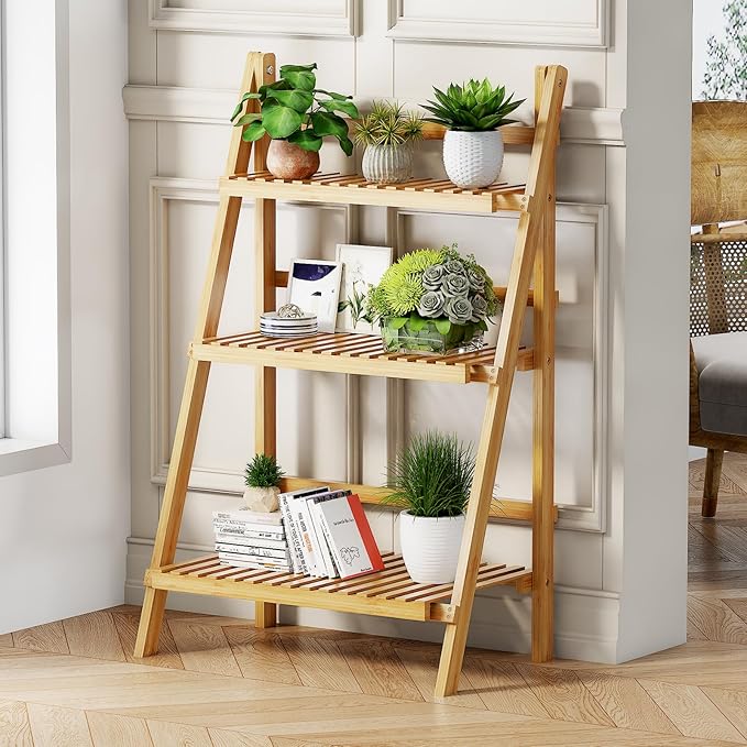 Foldable Plant Shelf Ladder Shelf, 3 Tier Bamboo Ladder Flower Pot Display Shelf, Freestanding Ladder Bookshelf Rack for Garden, Balcony, Yard, Living Room, 23.6" W x 15" D x 39.4" H, Natural