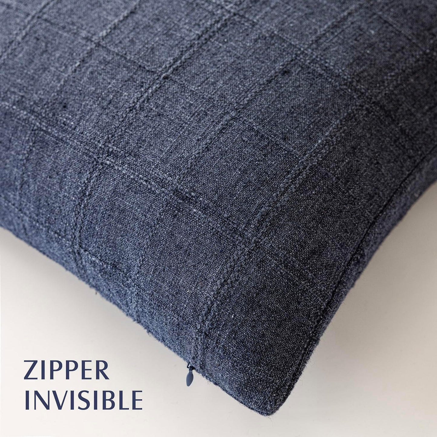 Foindtower Set of 2 Decorative Linen Check Throw Pillow Covers Neutral Farmhouse Lumbar Cushion Covers Modern Boho Home Decor for Sofa Chair Couch Bedroom Living Room,12×20 Inch,Navy Blue