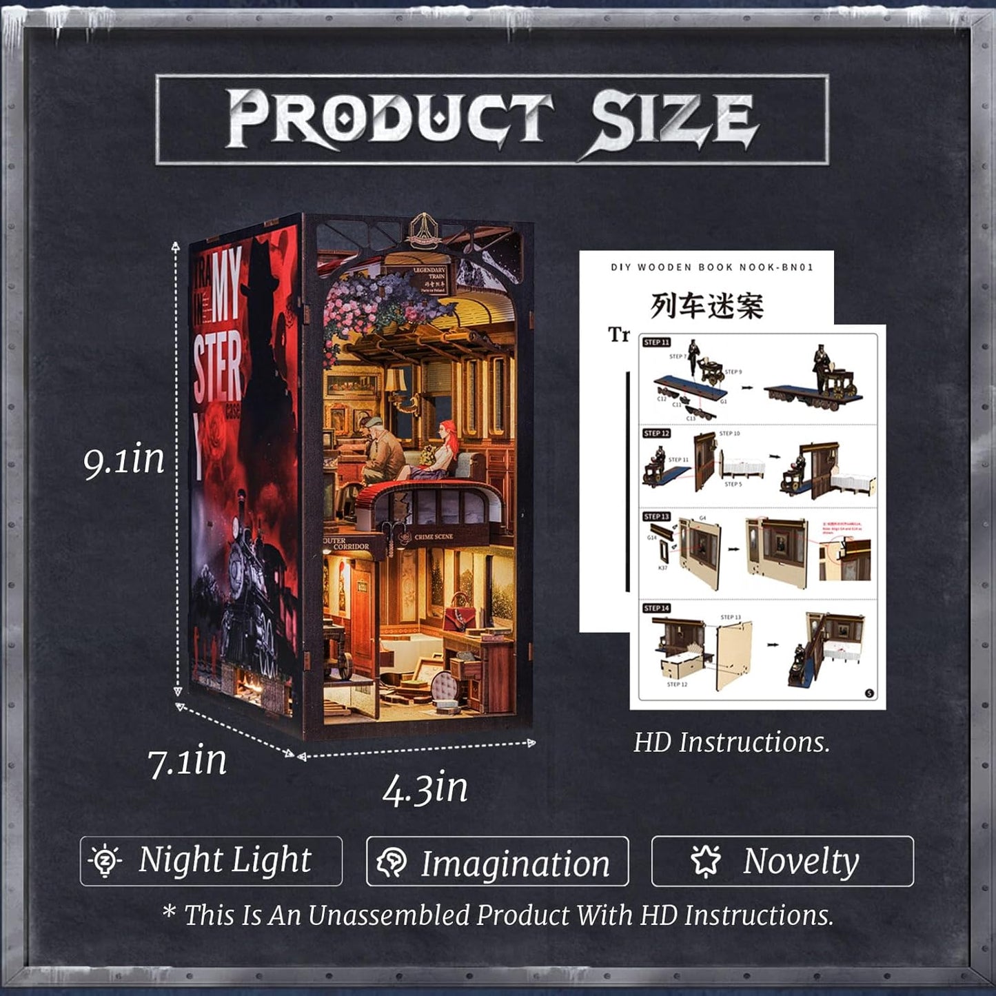 Cutefun Book Nook Kit, DIY Miniature House Kit for Teens, Book Nook Kits for Adults, Wooden Dollhouse for Bookshelf Decor, Model Building Creativity Gifts for Family & Friends (Train Mystery Case)