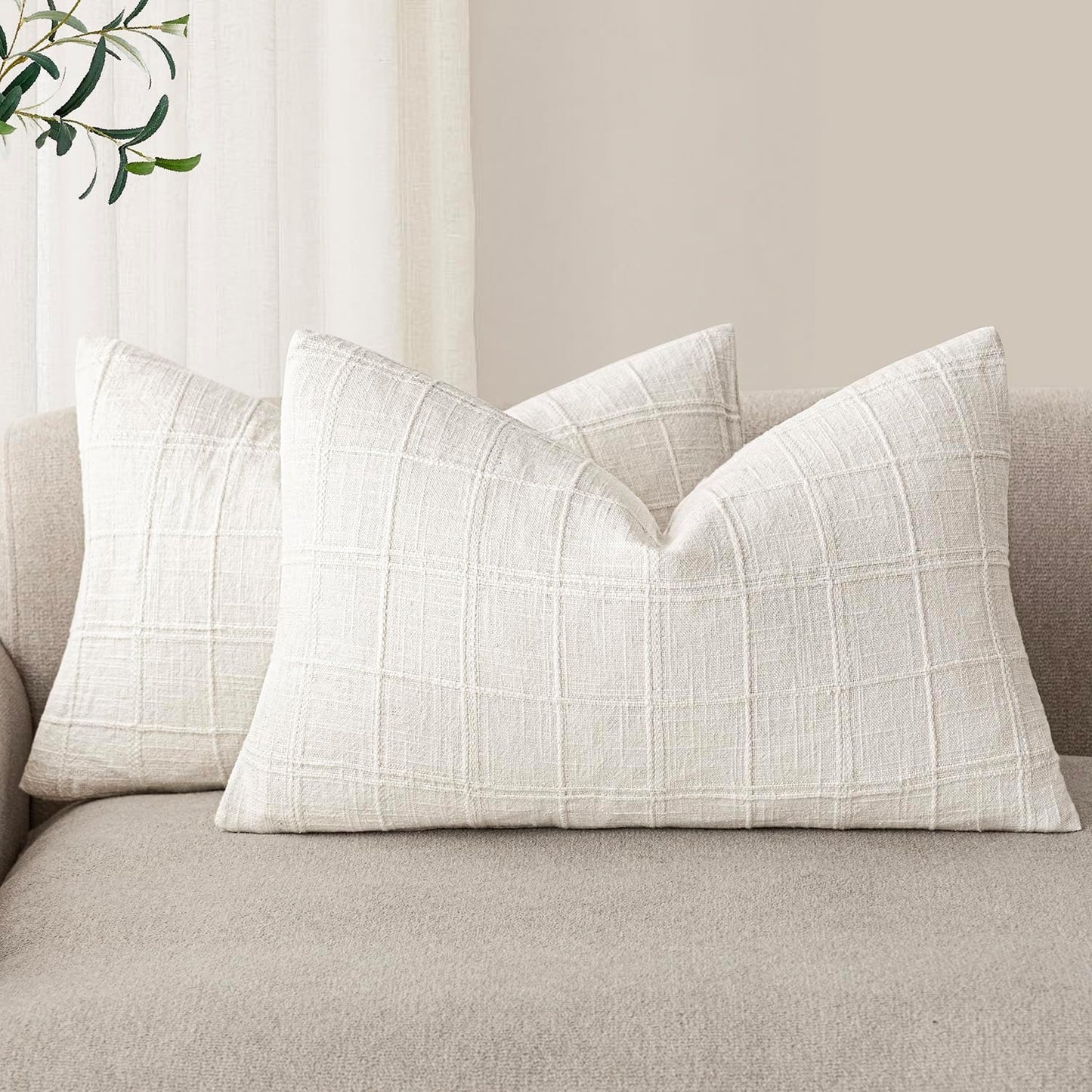 Foindtower Set of 2 Decorative Linen Check Throw Pillow Covers Neutral Farmhouse Lumbar Cushion Covers Modern Boho Home Decor for Sofa Chair Couch Bedroom Living Room,12×20 Inch,Cream White