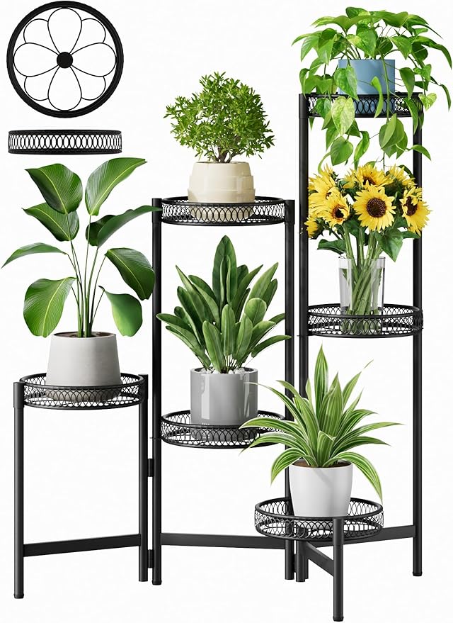 6 Tier Large Plant Stand Indoor with 7.9-Inch Wide Drainage Tray, Tiered Corner Metal Outdoor Flower Display Holder Shelf, Folding Tall Rack for House Patio Porch Balcony Graden - BlackFlower