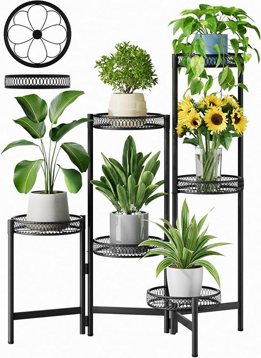 6 Tier Large Plant Stand Indoor with 7.9-Inch Wide Drainage Tray, Tiered Corner Metal Outdoor Flower Display Holder Shelf, Folding Tall Rack for House Patio Porch Balcony Graden - BlackFlower