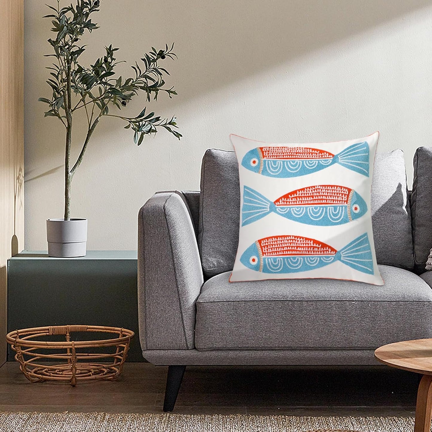 1 PCS Embroidered Throw Pillow Cover Cotton Decorative Square Cushion Cases for Home Sofa Bed and Chair 18 x 18 Inch (Red Fish)