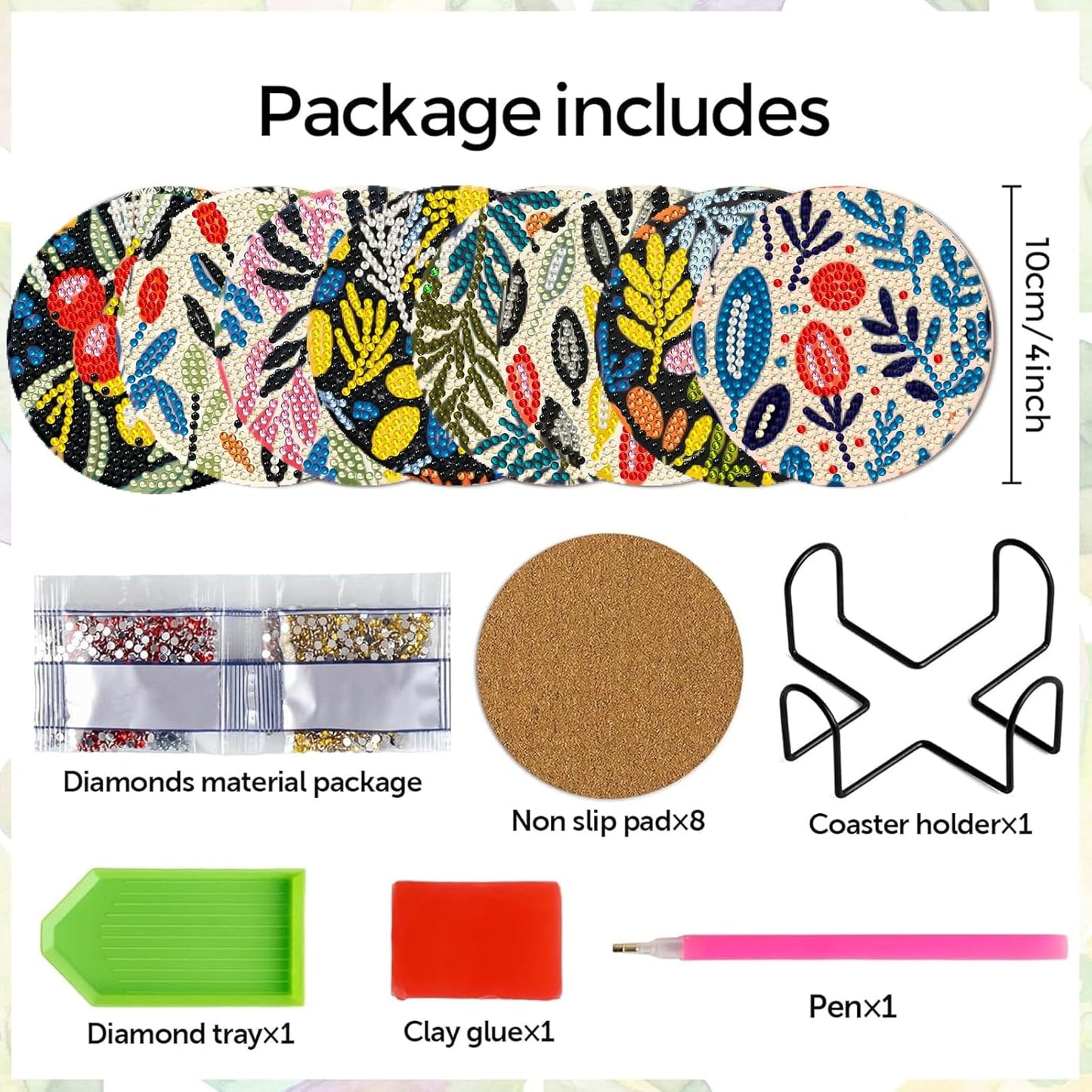 DOTSOPS 8 PCS Diamond Painting Coasters with Holder Diamond Art Coasters with Cork Base for Beginners Adults Craft Supplies Party Flower