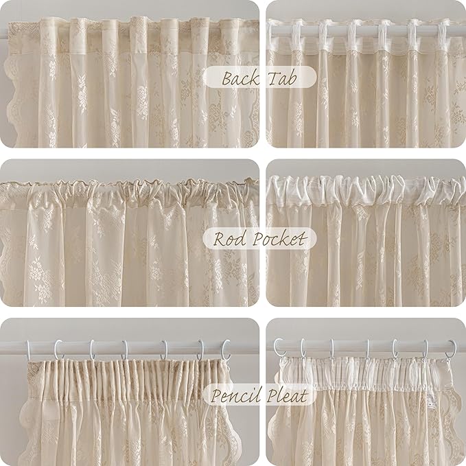 MEETSKY Lace Sheer Curtains 96 Inches Long Set of 2 Vintage Victorian French Elegant Scalloped Boho Style Light Filtering Back Tab Rod Pocket Drapes for Home Decor, 50"x96", 2 Panels, Oatmeal Beige