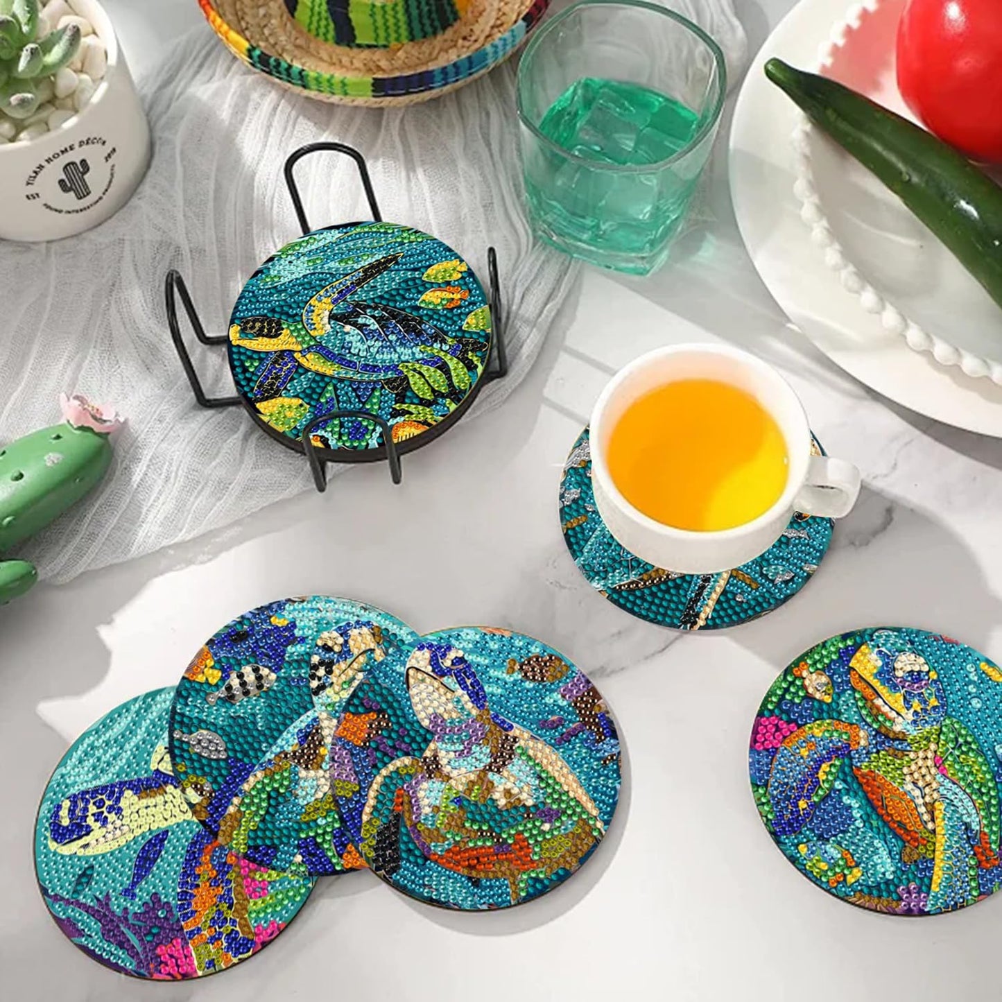 DOTSOPS 8Pack Diamond Art Coaster with Holder 5D Diamond Painting Kits for Adults Round Full Drill BeginnersGem Dots Craft Arts Supplies Party Home Decor Ocean