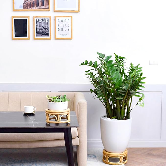 Set of 2 Boho Rattan Woven Round Decorative Risers Plant Stands Indoor, Mid Century Minimalist Modern Plant Stand, Wicker Short Plant Stand Holder Suitable Fits 8'' and 12'' Pots