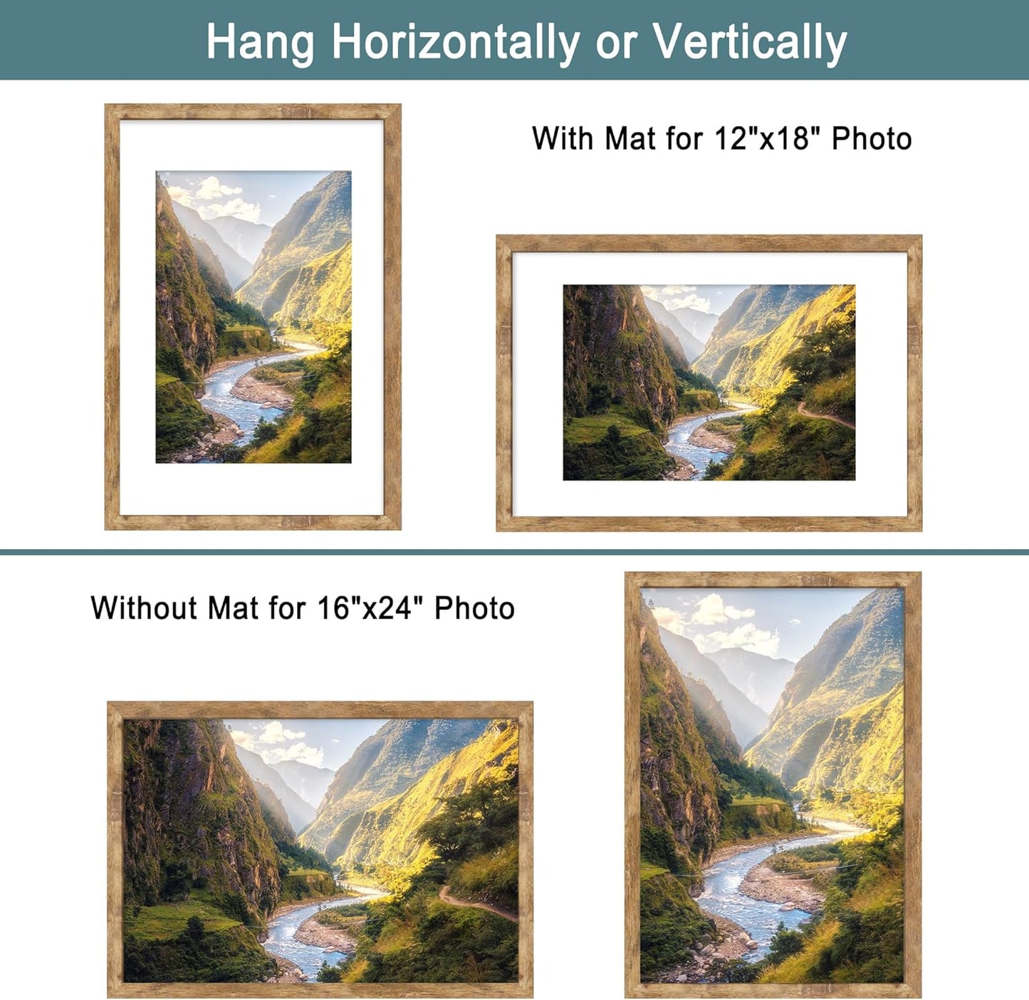 iRahmen 16x24 Picture Frame Set of 2 with Plexiglass, Display 12x18 Picture with Mat or 16 x 24 Without Mat, Rustic Brown Wood Poster Frame for Photo Wall Gallery Mounting Horizontal and Vertical