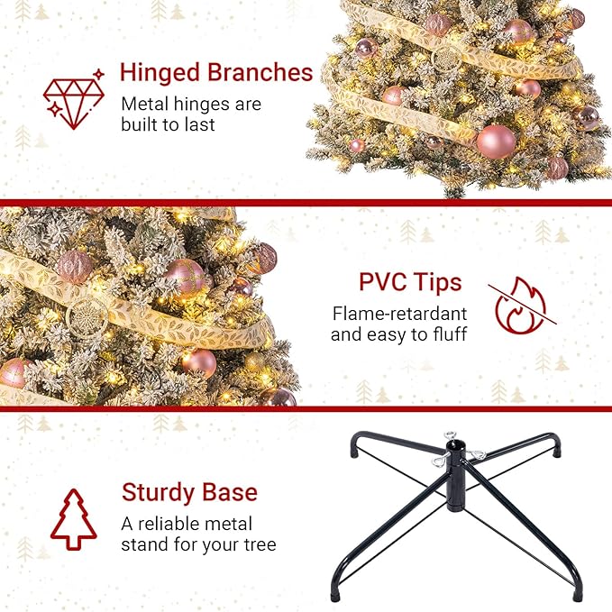 4.5ft Prelit Green Artificial Christmas Tree with 100 Warm White LED Light, Full Snow Flocked Xmas Tree Featuring 400 Realistic Branch, Easy Hinged Assembly for Home Office Party Decoration