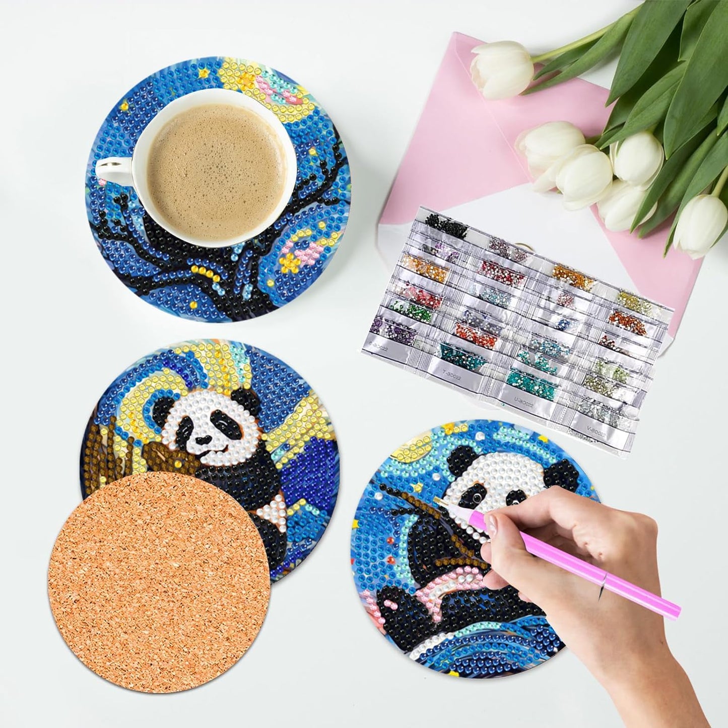 Leatrice 8 Pcs Panda Diamond Art Coasters Set of 8, Small Diamond Painting Kits for Adults Beginners Women, Gem Art Coasters with Holder, Funny Arts Supplies for Home Decor