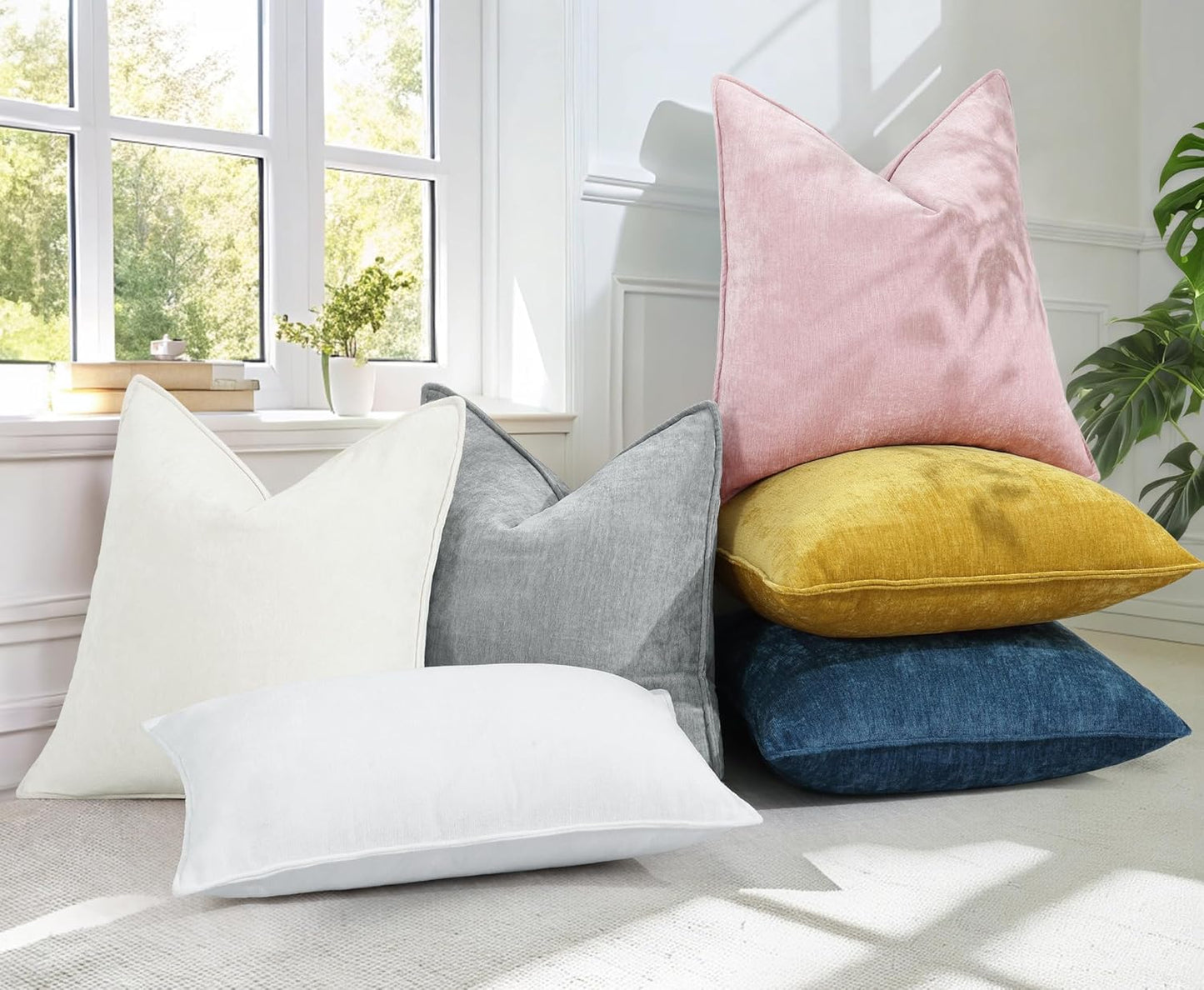 decorUhome Couch Throw Pillow Covers 26x26 Set of 2, Decorative Soft Euro Neutral Chenille Pillow Covers with Elegant Design for Sofa Bed Living Room Home Decor, Cream White