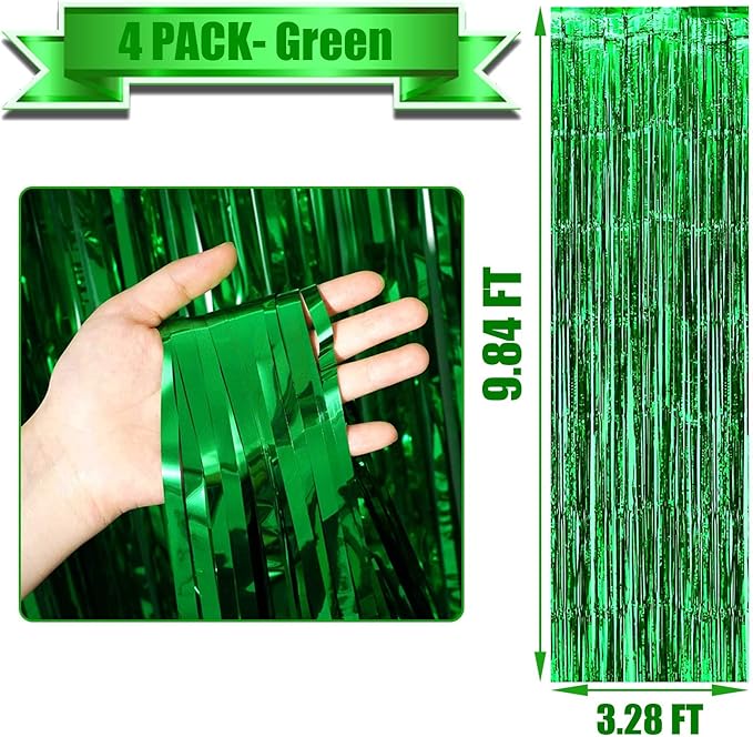 4 Pack Green Foil Fringe Curtain Backdrop, 3.3Ft x 9.8Ft Metallic Tinsel Foil Fringe Streamers Curtains for Photo Booth, Wedding, Thanksgiving, Birthday, Christmas, Halloween Party Decoration