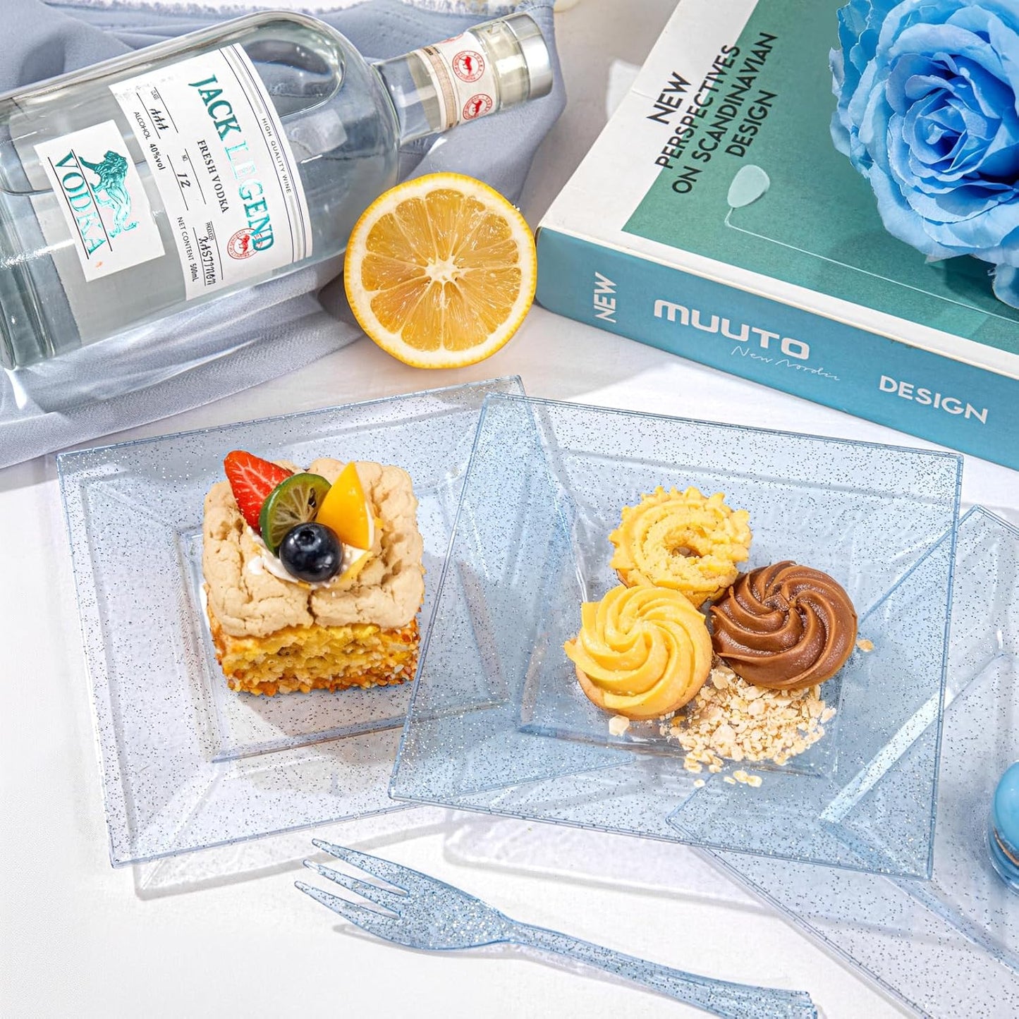 DaYammi 100Pcs Blue Glitter Dessert Plates Including 50Pcs Appetizer Plates 6" and 50Pcs Plastic Forks 5.7",Blue Plastic Square Plate for Party,plastic Salad Plate and Cake Forks for Wedding Birthday