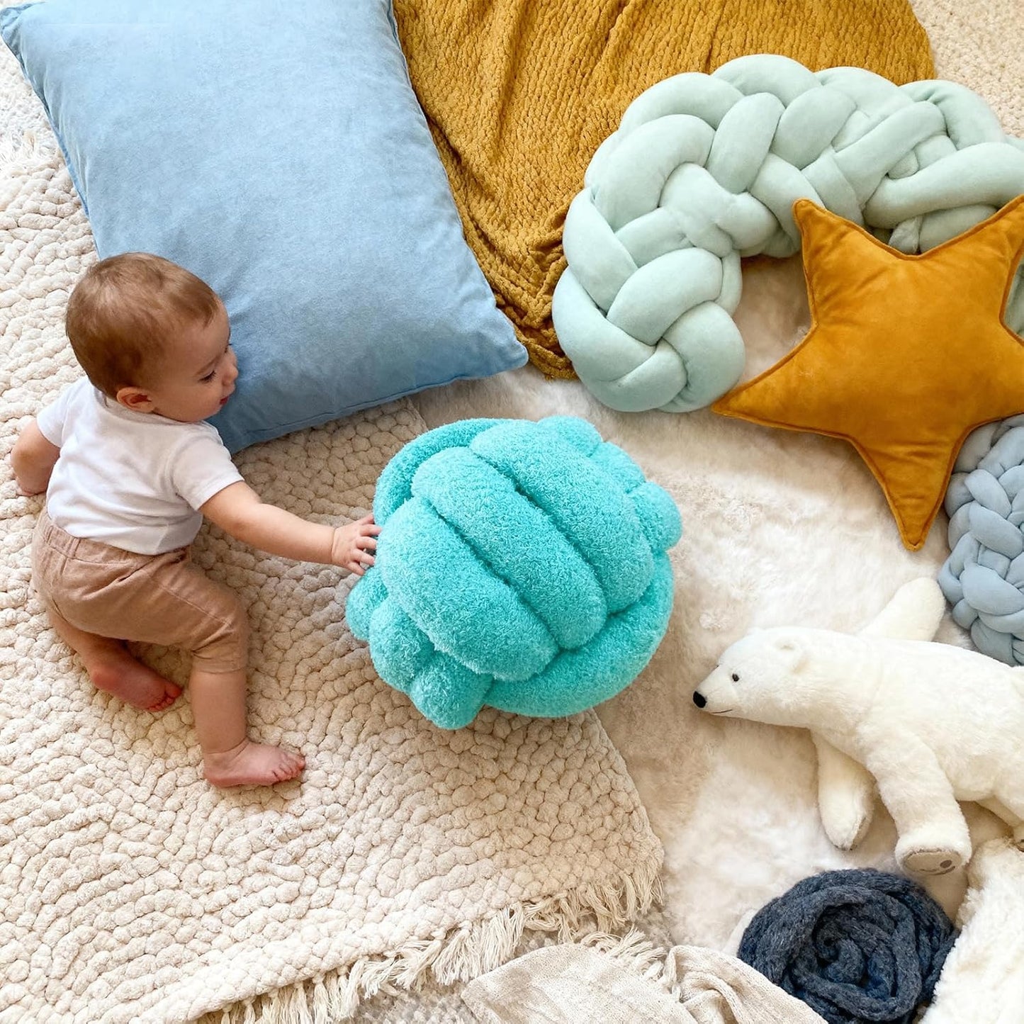 Knot Pillow Ball Plush - Decorative Throw Pillows for Bed Relieve Stress, Round Knot Cushion for Sofa Decor Pet Toy, Teal 12 inch