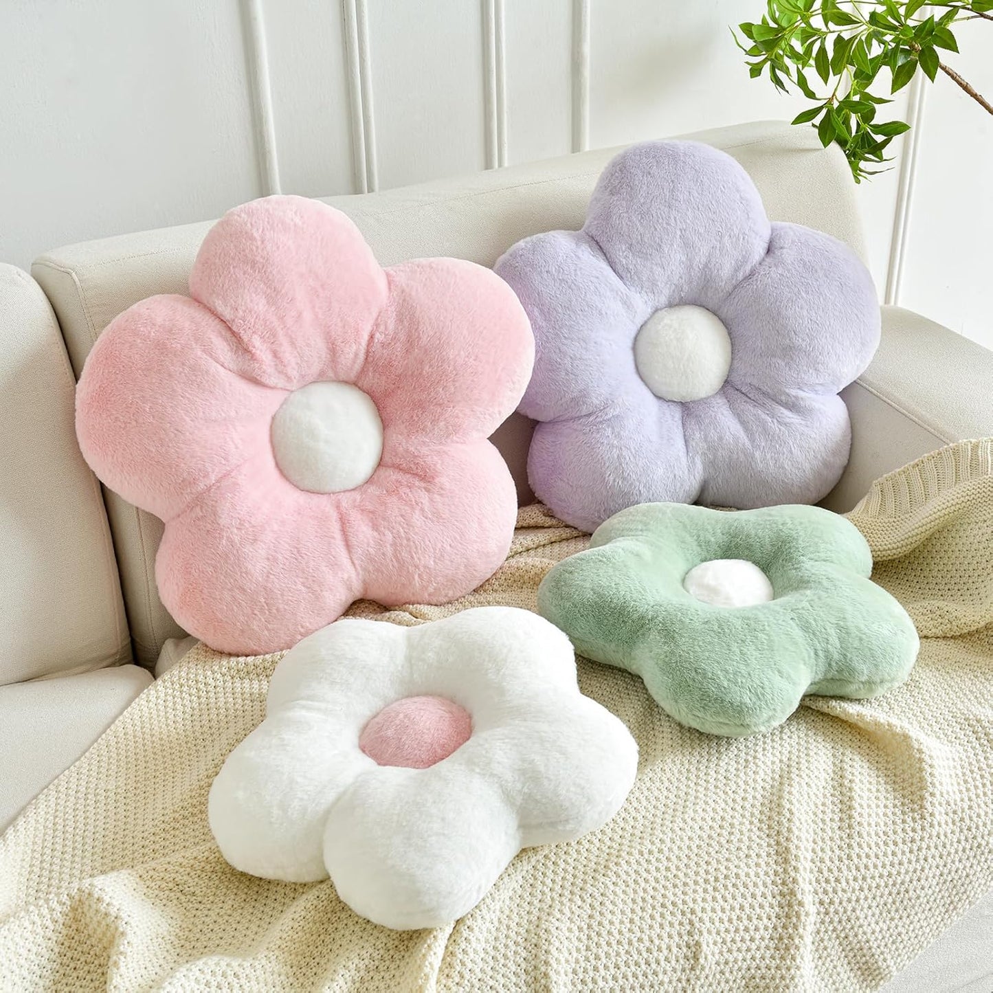 Flower Pillows, Soft Flower Shaped Pillow with Home Decorative for Couch Chair Bed,Flower Floor Throw Pillows for Adults Bedroom Living Room (White, 15 Inches)
