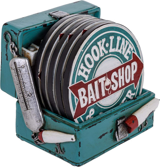 Hook Line & Sinker Bait Shop Rustic Drink Coasters with Holder - Set of 5