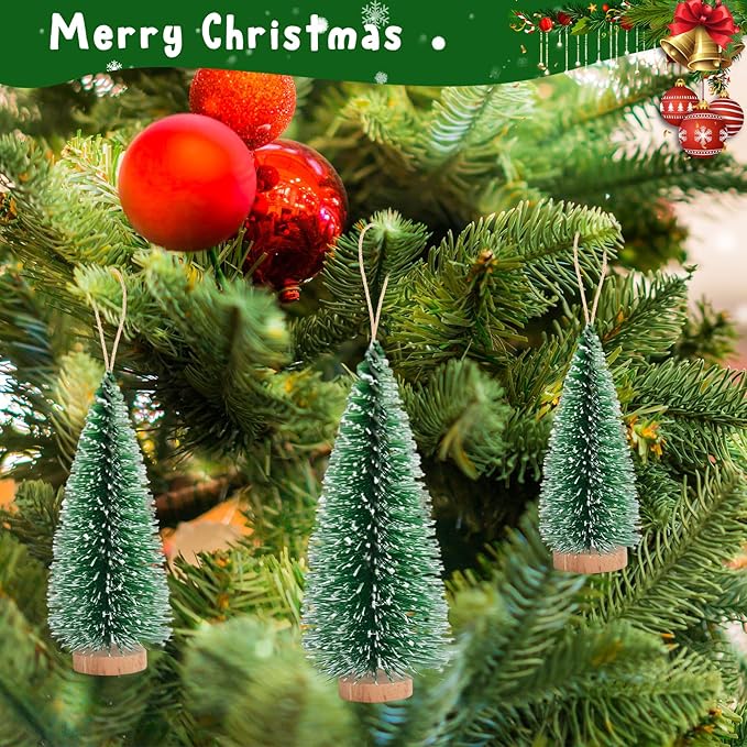 12 Pcs Mini Christmas Tree, Tabletop Christmas Tree with Wooden Bases Artificial Mini Trees with 3 Sizes Christmas Table Decor Bottle Brush Trees for Christmas Decorations (Green Snow)
