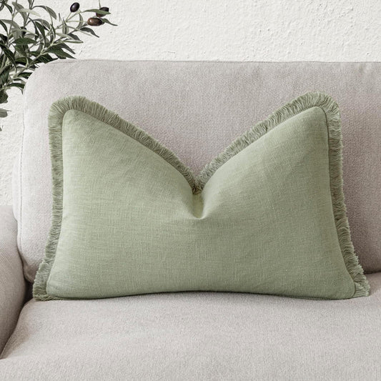 Foindtower Decorative Linen Fringe Lumbar Throw Pillow Covers Cozy Boho Farmhouse Cushion Cover with Tassel Soft Accent Pillowcase for Sofa Bed Living Room Home Decor, 12×20 Inch, 1PC,Light Sage Green