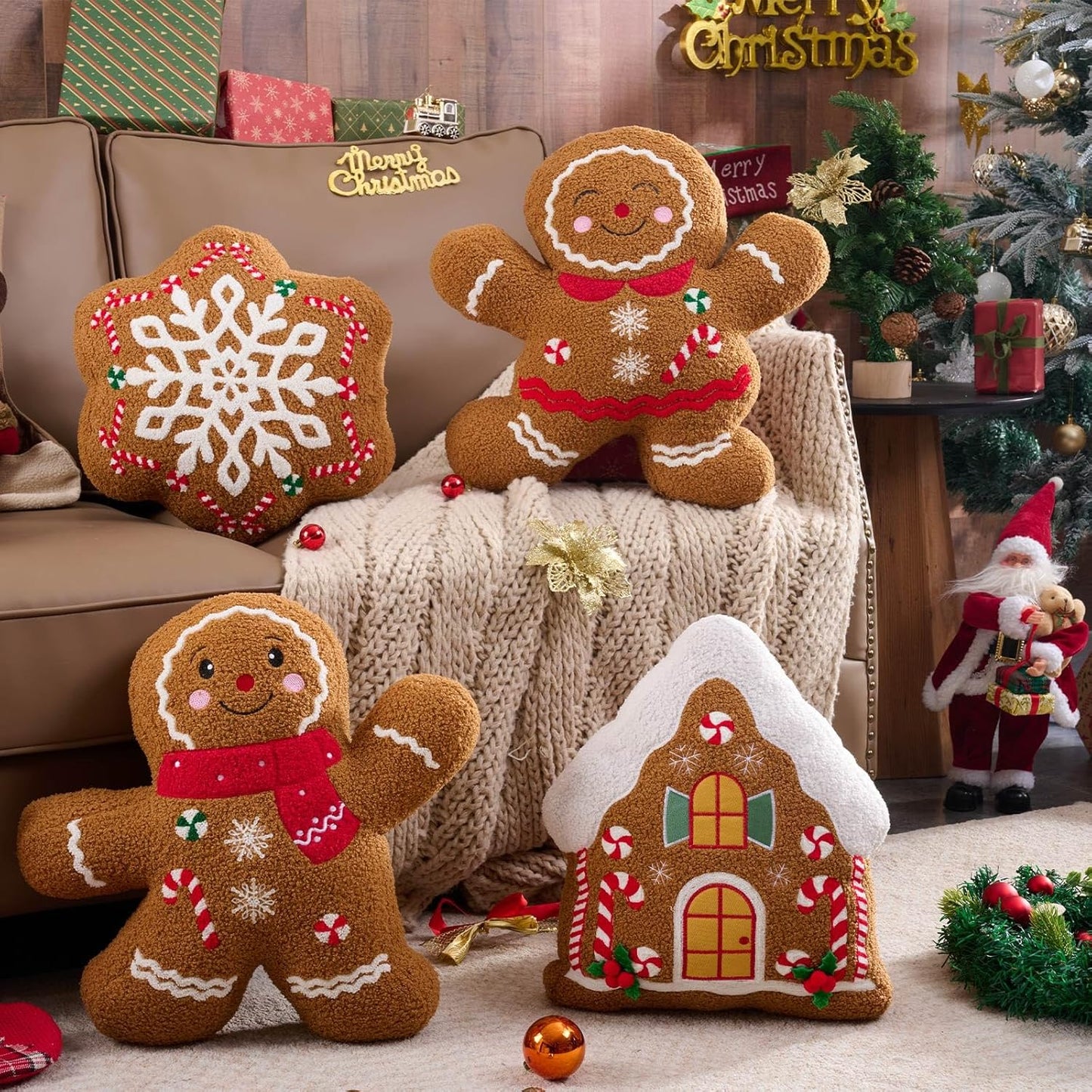 Lanpn Christmas Gingerbread Pillows Set of 4, Christmas Decoration Winter Throw Pillows Soft Fleece Sherpa Cute 3D Shaped Ginger Bread Throw Cushion for Sofa Living Room Bedroom Xmas Decor