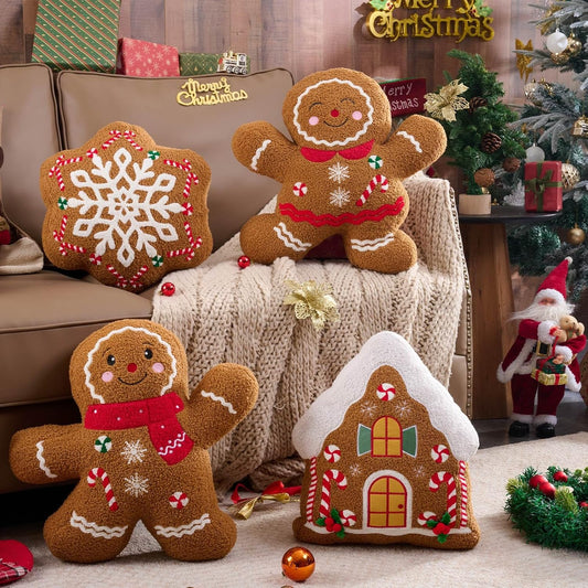 Lanpn Christmas Gingerbread Pillows Set of 4, Christmas Decoration Winter Throw Pillows Soft Fleece Sherpa Cute 3D Shaped Ginger Bread Throw Cushion for Sofa Living Room Bedroom Xmas Decor