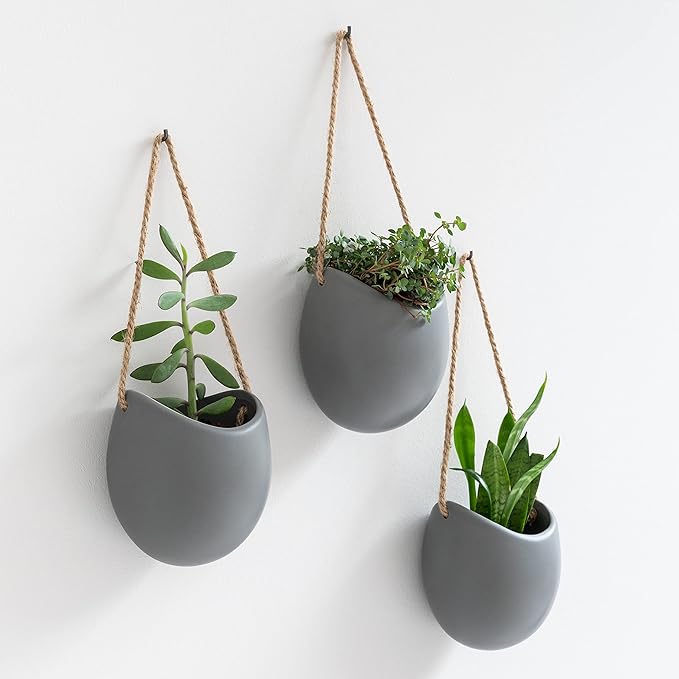 Kazai. Wall Planters -Ellie- | Hanging Ceramic Plant Pots 3 Pieces | Wall Decoration for Indoors, Balcony and Garden | Grey (Matte)